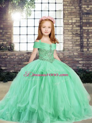 Most Popular Apple Green Straps Lace Up Beading and Ruffles Little Girls Pageant Gowns Sleeveless