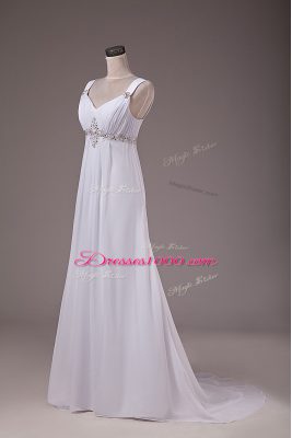 Adorable Sleeveless Brush Train Lace Up Beading Wedding Gown