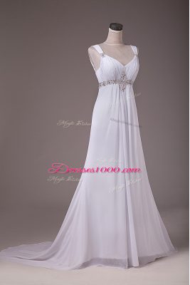 Adorable Sleeveless Brush Train Lace Up Beading Wedding Gown