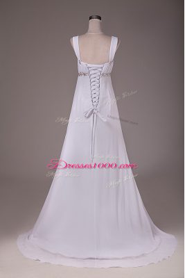 Adorable Sleeveless Brush Train Lace Up Beading Wedding Gown