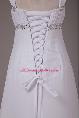 Adorable Sleeveless Brush Train Lace Up Beading Wedding Gown