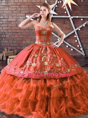 Sweetheart Sleeveless Satin and Organza Quince Ball Gowns Embroidery and Ruffled Layers Lace Up