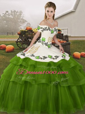 Chic Olive Green Ball Gowns Tulle Off The Shoulder Sleeveless Embroidery and Ruffled Layers Lace Up Sweet 16 Dress Brush Train
