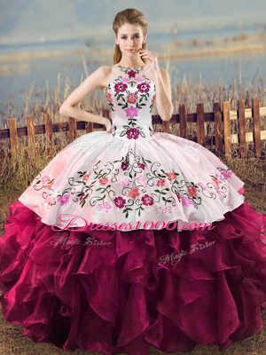Glamorous Fuchsia Lace Up Halter Top Embroidery and Ruffles 15 Quinceanera Dress Organza Sleeveless