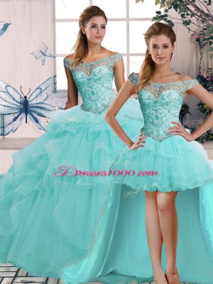 Charming Aqua Blue Tulle Lace Up Off The Shoulder Sleeveless Floor Length Sweet 16 Dress Beading and Ruffles