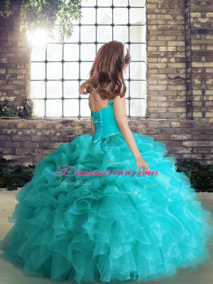 Cute Floor Length Blue Little Girl Pageant Gowns Straps Sleeveless Lace Up