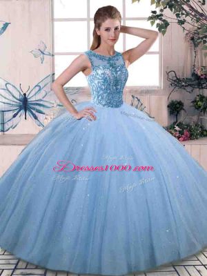 Blue Ball Gowns Beading Sweet 16 Dress Lace Up Tulle Sleeveless Floor Length