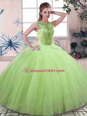 Delicate Scoop Sleeveless Quince Ball Gowns Floor Length Beading Tulle