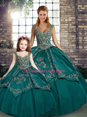 Teal Ball Gowns Beading and Embroidery Quinceanera Gown Lace Up Tulle Sleeveless Floor Length