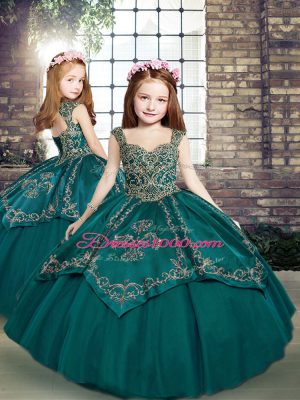 Teal Ball Gowns Beading and Embroidery Quinceanera Gown Lace Up Tulle Sleeveless Floor Length