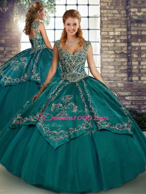 Teal Ball Gowns Beading and Embroidery Quinceanera Gown Lace Up Tulle Sleeveless Floor Length