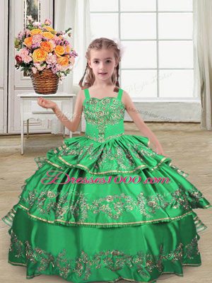 Green Straps Lace Up Embroidery and Ruffled Layers Party Dress for Girls Sleeveless
