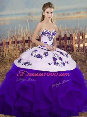 Floor Length Lace Up Sweet 16 Quinceanera Dress White And Purple for Military Ball and Sweet 16 and Quinceanera with Embroidery and Ruffles and Bowknot
