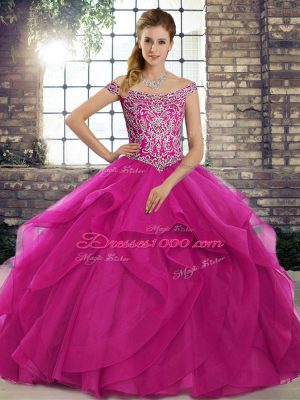 Perfect Fuchsia Off The Shoulder Neckline Beading and Ruffles 15 Quinceanera Dress Sleeveless Lace Up