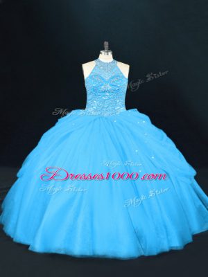 Aqua Blue Sleeveless Beading Floor Length Sweet 16 Dress