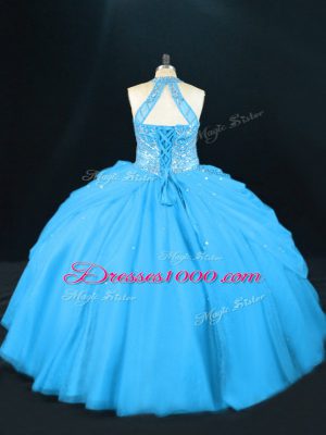 Aqua Blue Sleeveless Beading Floor Length Sweet 16 Dress