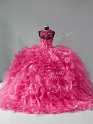 Hot Pink Quince Ball Gowns Halter Top Sleeveless Zipper