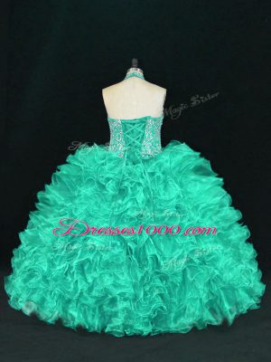 Floor Length Turquoise Quinceanera Dress Halter Top Sleeveless Lace Up