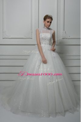 Smart White Lace Up Wedding Dresses Beading and Lace and Bowknot Sleeveless Brush Train