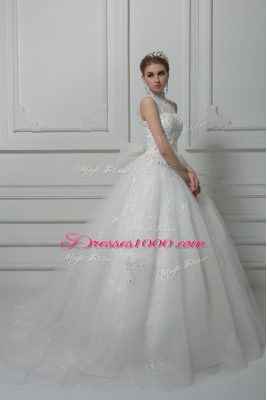 Smart White Lace Up Wedding Dresses Beading and Lace and Bowknot Sleeveless Brush Train