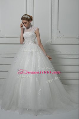 Smart White Lace Up Wedding Dresses Beading and Lace and Bowknot Sleeveless Brush Train