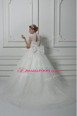 Smart White Lace Up Wedding Dresses Beading and Lace and Bowknot Sleeveless Brush Train