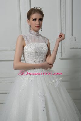 Smart White Lace Up Wedding Dresses Beading and Lace and Bowknot Sleeveless Brush Train