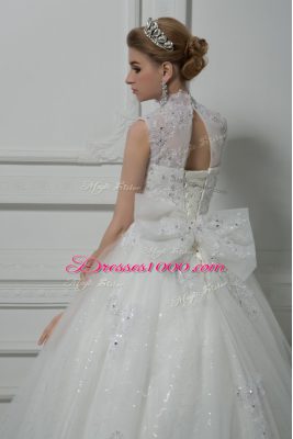 Smart White Lace Up Wedding Dresses Beading and Lace and Bowknot Sleeveless Brush Train