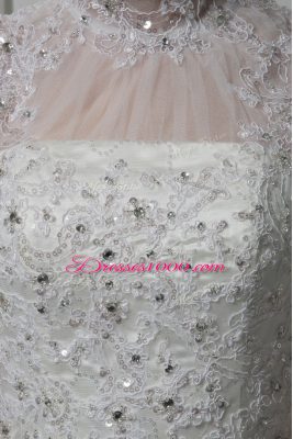 Smart White Lace Up Wedding Dresses Beading and Lace and Bowknot Sleeveless Brush Train