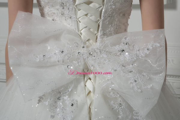 Smart White Lace Up Wedding Dresses Beading and Lace and Bowknot Sleeveless Brush Train