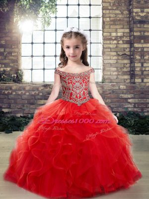 Inexpensive Red Tulle Lace Up Off The Shoulder Sleeveless Floor Length Child Pageant Dress Beading and Ruffles