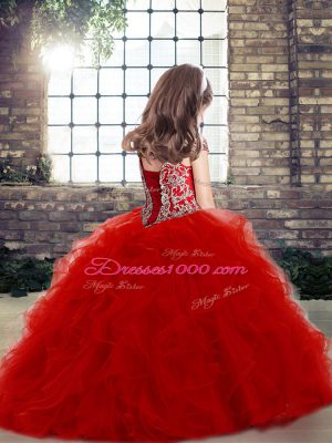 Inexpensive Red Tulle Lace Up Off The Shoulder Sleeveless Floor Length Child Pageant Dress Beading and Ruffles