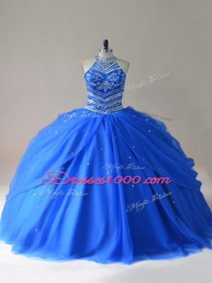 Most Popular Royal Blue Quinceanera Dress Sweet 16 and Quinceanera with Beading Halter Top Sleeveless Lace Up