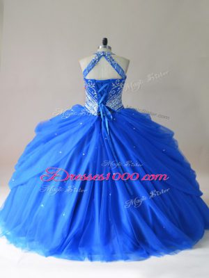 Most Popular Royal Blue Quinceanera Dress Sweet 16 and Quinceanera with Beading Halter Top Sleeveless Lace Up