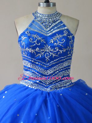 Most Popular Royal Blue Quinceanera Dress Sweet 16 and Quinceanera with Beading Halter Top Sleeveless Lace Up