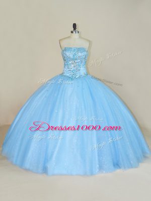 Stylish Strapless Sleeveless 15th Birthday Dress Floor Length Beading Blue Tulle