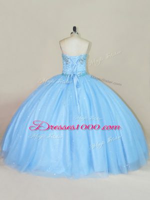 Stylish Strapless Sleeveless 15th Birthday Dress Floor Length Beading Blue Tulle