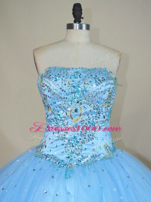 Stylish Strapless Sleeveless 15th Birthday Dress Floor Length Beading Blue Tulle