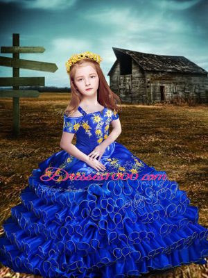 Luxurious Royal Blue Short Sleeves Organza Lace Up Little Girl Pageant Dress for Wedding Party