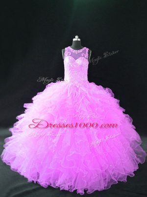 Latest Lilac Scoop Neckline Beading and Ruffles 15 Quinceanera Dress Sleeveless Lace Up