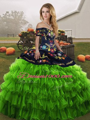 Edgy Ball Gowns 15 Quinceanera Dress Green Off The Shoulder Organza Sleeveless Floor Length Lace Up