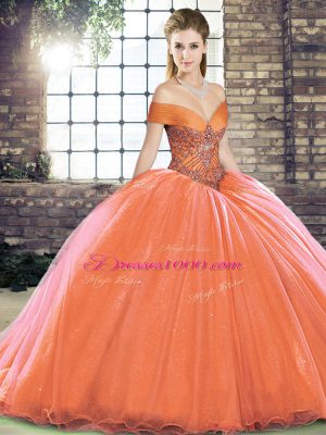Orange Red Ball Gowns Beading Quinceanera Gown Lace Up Organza Sleeveless