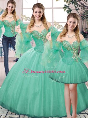 Turquoise Ball Gown Prom Dress Sweet 16 and Quinceanera with Beading Sweetheart Sleeveless Lace Up