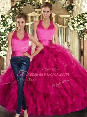 Customized Fuchsia Tulle Lace Up Halter Top Sleeveless Floor Length Vestidos de Quinceanera Ruffles
