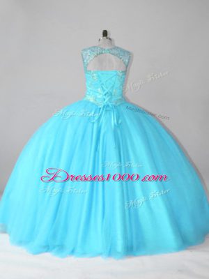 New Style Aqua Blue Tulle Lace Up Scoop Sleeveless Floor Length Vestidos de Quinceanera Beading