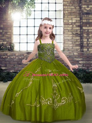 Fantastic Olive Green Ball Gowns Beading Little Girls Pageant Gowns Lace Up Tulle Sleeveless Floor Length