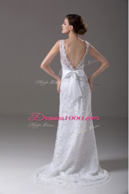 Backless Bridal Gown White for Wedding Party with Lace and Belt Brush Train