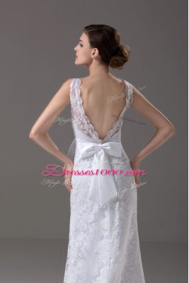 Backless Bridal Gown White for Wedding Party with Lace and Belt Brush Train