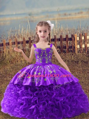 Lace Up Little Girls Pageant Gowns Lavender for Wedding Party with Embroidery Sweep Train
