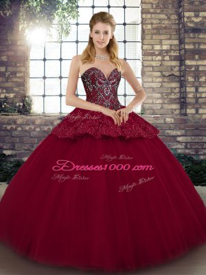 New Arrival Ball Gowns Quinceanera Gowns Burgundy Sweetheart Tulle Sleeveless Floor Length Lace Up